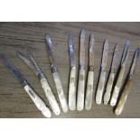 Three silver and mother of pearl handled double bladed fruit knives, together with seven other