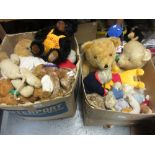 Two boxes containing a quantity of teddy bears and other soft toys