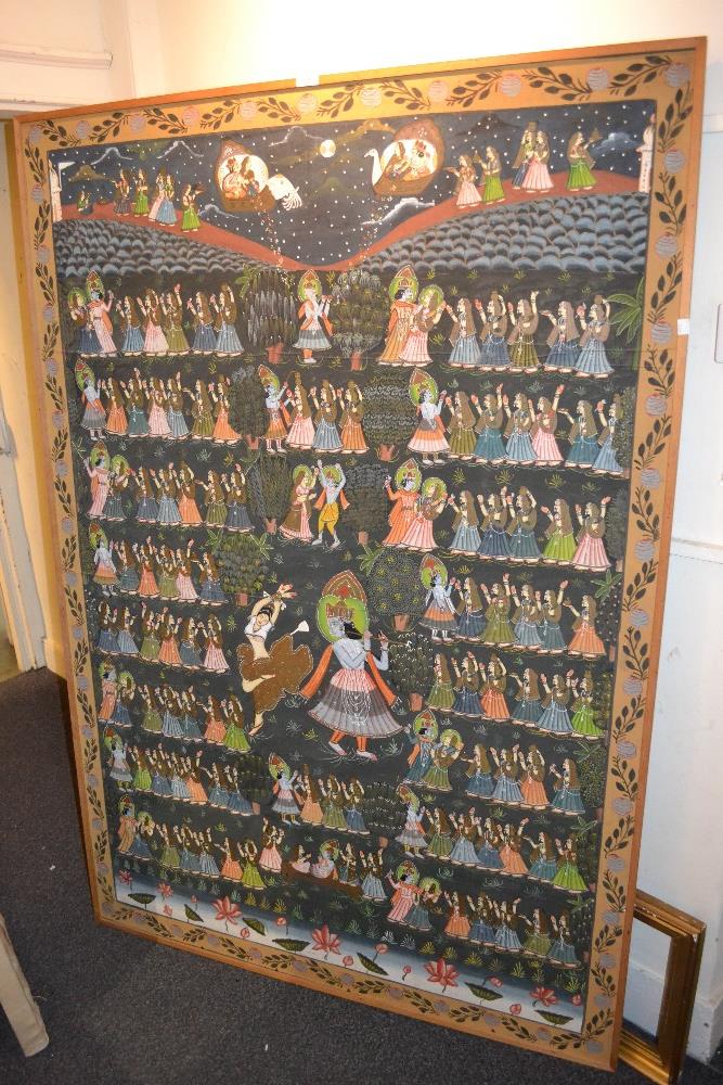 Large Indian painted fabric panel depicting a ceremonial scene, 68ins x 46ins, framed - Image 2 of 2