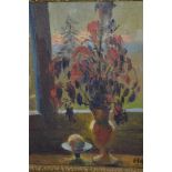 Fernand Lebat signed oil on canvas, flowers by a window, 15ins x 13ins