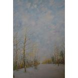 20th Century oil on board, winter landscape of track with trees, indistinctly inscribed, dated 1983,