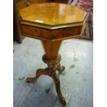 19th Century burr walnut octagonal trumpet form work table with fitted interior and carved