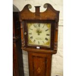 19th Century oak longcase clock, the hood having square dial and broken arch pediment flanked by