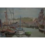 Blanche Moody, oil on canvas board, ' Little Green Boat ' (harbour scene), unsigned, label verso,