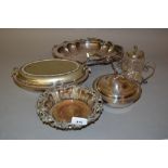 Silver plate on copper wine bottle coaster, oval swing handled plated basket and small quantity of