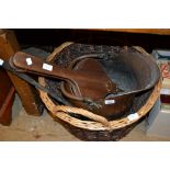 19th Century copper helmet shaped coal scuttle, miscellaneous fire tools and two log baskets