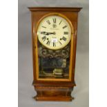 19th Century walnut and marquetry inlaid rectangular wall clock, the painted dial with Roman