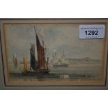 19th Century English school, small watercolour, coastal scene with shipping, unsigned, 3.5ins x