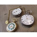 Silver open face fob watch with subsidiary seconds, the enamel dial with Roman numerals and