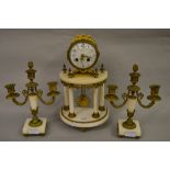19th Century French ormolu and white alabaster clock garniture, the painted enamel dial with