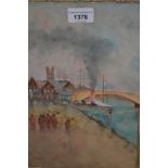 Framed watercolour, port scene with steam boat and figures on a quayside, signed ' Herald ? ', 11.