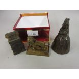 Small brass figure of a Waterloo lion bearing date, 1815, patinated bronze desk bell in the form