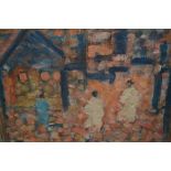 Impressionist style oil on canvas laid on board, street scene with three figures, housed in a