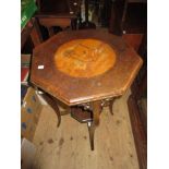 20th Century occasional table having pokerwork top depicting oriental figures before ruins with