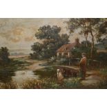 Attributed to Ernest Walbourn, oil on canvas, rural landscape with figures and child by a stream,