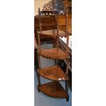 19th Century rosewood floor standing five shelf corner whatnot with fretwork gallery and barley