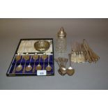 Cased set of eight silver teaspoons, six silver Fiddle pattern teaspoons, a silver dessert spoon and