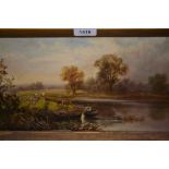 19th Century oil on canvas, river landscape with boatman and cattle watering, 8ins x 16ins