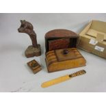 Tunbridge ware paper knife, amboyna cigarette box, Black Forest carving, an Art Deco box and a match