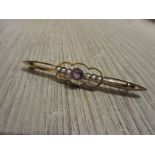 9ct Yellow gold bar brooch set amethyst and split seed pearls