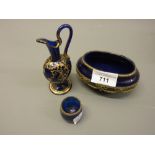 Small Sevres oval pottery gilt metal mounted pot together with a small blue glass jug and beaker