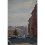 Russian oil on board, street scene, signed and inscribed verso ' St. Petersburg Street, Winter ',