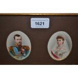 Pair of oval mounted miniature coloured prints, portraits of Tsar Nicholas of Russia and Tsarina