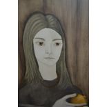 Reginald Gray, oil on board, ' Girl with Pomegranate ', 30ins x 17.75ins, signed Gray and dated 1961