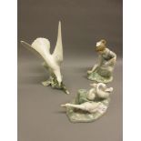 Lladro group of three geese, another figure of a gull and another of a lady picking flowers