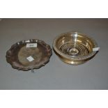 Small 20th Century silver card salver together with a 20th Century silver mounted wooden bottle