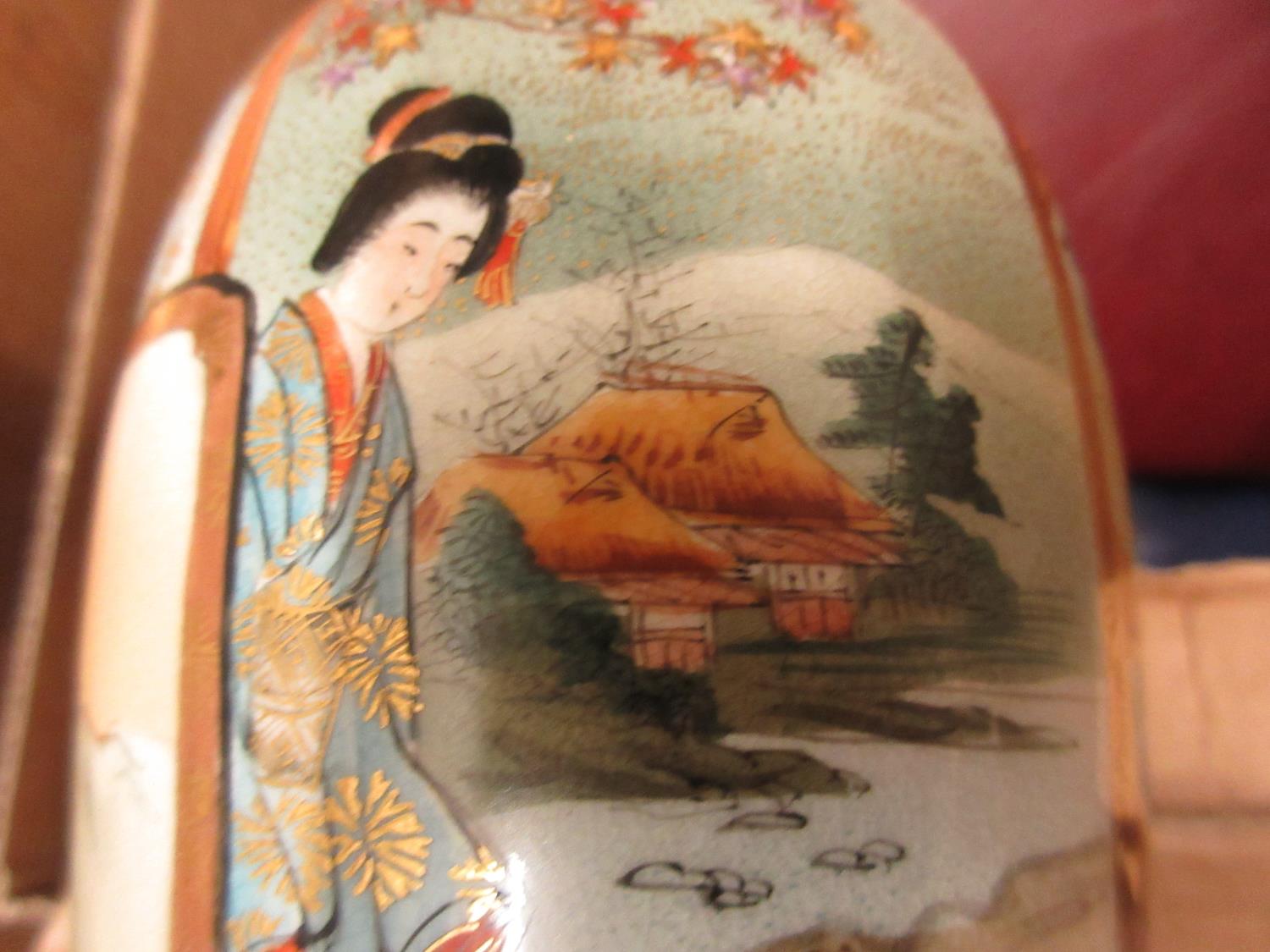 Good quality Satsuma baluster form vase painted with geishas and landscapes, three character mark to - Image 3 of 4