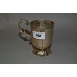 Victorian London silver circular pedestal Christening mug with original C-scroll engraved decoration