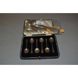 French silver spoon and fork, various butter knives etc, set of golf motif coffee spoons and a boxed