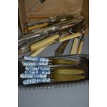 Six porcelain handled tea knives and miscellaneous other silver plated knives, forks, spoons and