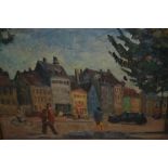 Two framed oils, figures in a street, signed Aage Rasmussen verso, and study of figures in a park,