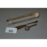 Pair of George III silver sugar tongs by Thomas Wallace, together with a silver butter knife and a