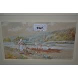 Walter Duncan signed gouache, entitled ' Near Henley ' Paper is discoloured and is unfortunately