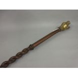 Turned reeded and barley twist walking staff, the top mounted with a brass figural head of a snake