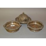 Pair of plated bottle coasters together with a plated muffin dish with cover