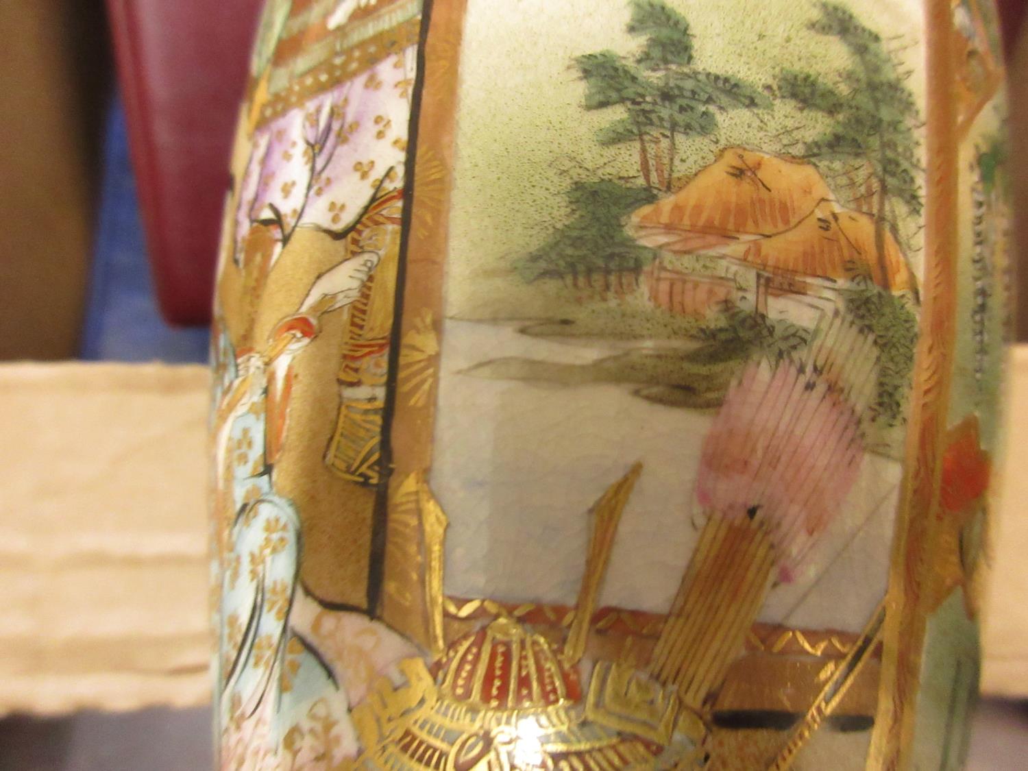 Good quality Satsuma baluster form vase painted with geishas and landscapes, three character mark to - Image 4 of 4
