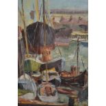 Oil on board, boats sheltering in a harbour, label verso ' Tyne Harbour, Katherine Church ', 16ins x