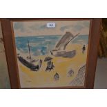 De Castro, signed watercolour and ink drawing, coastal scene with beached boats and figures, 15ins x