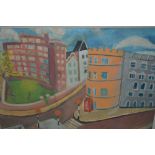 R. Litvin, oil on board, naive street scene, signed verso, 16ins x 21ins