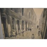 Josef Hofbauer signed watercolour and pencil, children in a back street, 14ins x 19.5ins, unframed