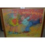 Prison Art Pointillist oil on board, two figures in a circus ring, signed Michael Jones (Dartmoor