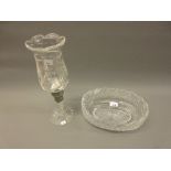 Waterford oval cut glass bowl together with a Stuart etched glass storm lamp
