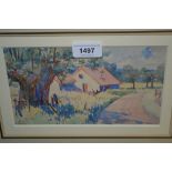 A. Crocker, watercolour, cottage on a country lane, signed, 5ins x 8.25ins, gilt framed