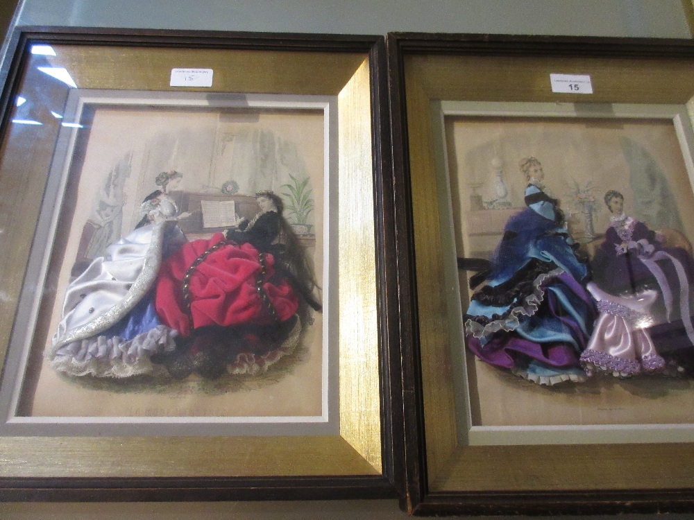 Pair of French fashion prints / collages depicting ladies in interiors, each in a boxed display