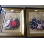 Pair of French fashion prints / collages depicting ladies in interiors, each in a boxed display