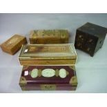 Oak tantalus stand, 19th Century Indian sandalwood and mosaic inlaid glove box, Victorian brass